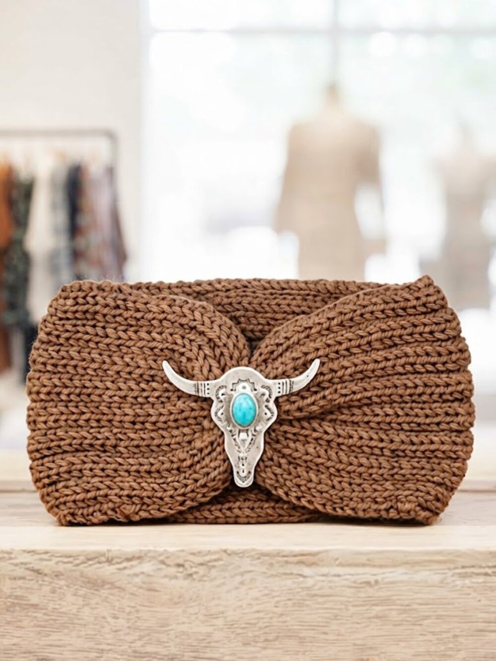 Ladies Brown Bull Head Knitted Winter Headband